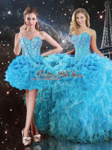 Decent Floor Length Lace Up Quinceanera Dresses Aqua Blue for Military Ball and Sweet 16 and Quinceanera with Beading and Ruffles