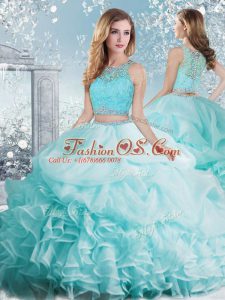 Flare Organza Scoop Sleeveless Clasp Handle Beading and Ruffles and Pick Ups 15 Quinceanera Dress in Aqua Blue