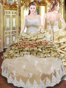 Hot Selling Champagne Ball Gowns Beading and Appliques and Ruffled Layers and Pick Ups Quinceanera Gown Lace Up Taffeta Sleeveless Floor Length