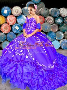 Purple Ball Gowns Sweetheart Sleeveless Organza Brush Train Lace Up Embroidery and Ruffles 15 Quinceanera Dress