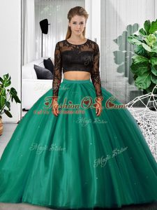 Scoop Long Sleeves Backless Sweet 16 Dresses Dark Green Tulle