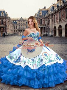 Classical Embroidery and Ruffled Layers 15 Quinceanera Dress Blue And White Lace Up Sleeveless Floor Length