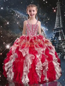 Wine Red Straps Lace Up Beading and Ruffles Pageant Dress for Girls Sleeveless