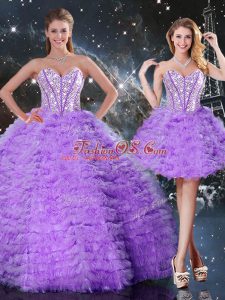 Attractive Lavender Lace Up Sweetheart Beading and Ruffled Layers Ball Gown Prom Dress Organza Sleeveless