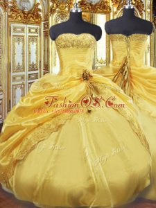 Sleeveless Floor Length Beading and Pick Ups Lace Up Quinceanera Dress with Gold