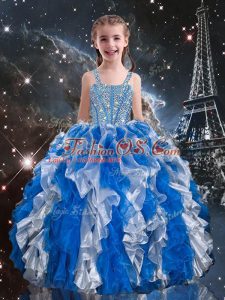 Blue Straps Lace Up Beading and Ruffles Little Girls Pageant Dress Sleeveless