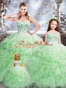 Edgy Floor Length Apple Green Quince Ball Gowns Organza Sleeveless Beading and Ruffles