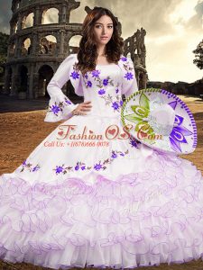 Beautiful White Long Sleeves Organza Lace Up Quinceanera Dresses for Military Ball and Sweet 16 and Quinceanera