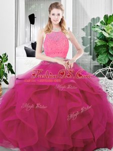 Floor Length Two Pieces Sleeveless Fuchsia Sweet 16 Dresses Zipper