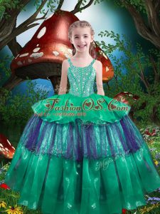 Flare Green Kids Formal Wear Quinceanera and Wedding Party with Beading and Ruffled Layers Straps Sleeveless Lace Up