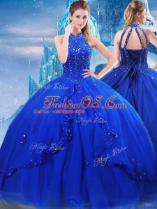Inexpensive Royal Blue Sleeveless Tulle Brush Train Lace Up Ball Gown Prom Dress for Military Ball and Sweet 16 and Quinceanera
