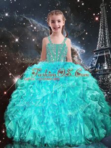 Flare Aqua Blue Ball Gowns Organza Straps Sleeveless Beading and Ruffles Floor Length Lace Up Child Pageant Dress