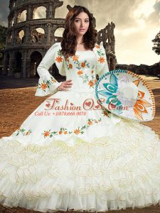 Enchanting Long Sleeves Organza Floor Length Lace Up Sweet 16 Quinceanera Dress in White with Embroidery and Ruffled Layers