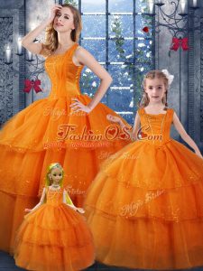 Decent Straps Sleeveless Quinceanera Dress Floor Length Ruffled Layers Orange Organza