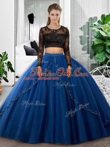 Two Pieces Ball Gown Prom Dress Blue Scoop Tulle Long Sleeves Floor Length Backless