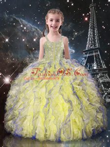 Sleeveless Floor Length Beading and Ruffles Lace Up Glitz Pageant Dress with Light Yellow