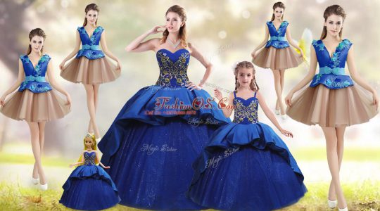 Blue 15th Birthday Dress Taffeta Court Train Sleeveless Beading and Appliques and Embroidery
