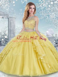 Floor Length Clasp Handle Quinceanera Dress Gold for Military Ball and Sweet 16 and Quinceanera with Beading and Lace