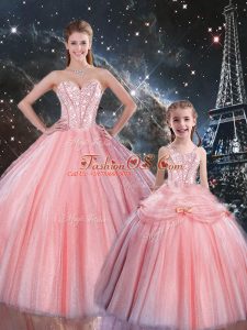 Custom Design Sleeveless Tulle Floor Length Lace Up Quinceanera Gown in Pink with Beading