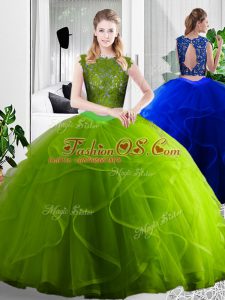 Free and Easy Floor Length Zipper Quinceanera Dresses Olive Green for Military Ball and Sweet 16 and Quinceanera with Lace and Ruffles