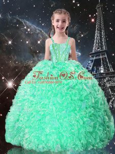Affordable Floor Length Lace Up Kids Formal Wear Apple Green for Quinceanera and Wedding Party with Beading and Ruffles