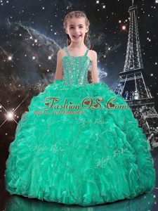 Excellent Beading and Ruffles Kids Formal Wear Turquoise Lace Up Sleeveless Floor Length