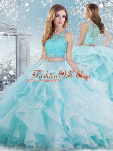 Customized Aqua Blue Ball Gowns Beading and Ruffles Ball Gown Prom Dress Clasp Handle Organza Sleeveless Floor Length