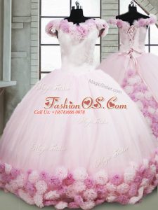 Pink Ball Gowns Fabric With Rolling Flowers Off The Shoulder Sleeveless Hand Made Flower Lace Up Ball Gown Prom Dress Brush Train