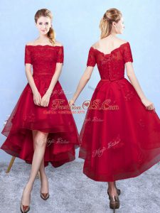 Artistic Wine Red Lace Up Bridesmaid Gown Appliques Short Sleeves High Low
