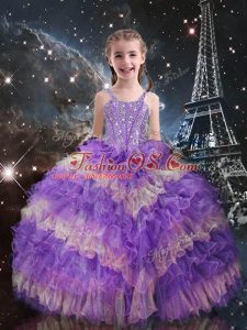 Stylish Lilac Lace Up Kids Pageant Dress Beading and Ruffled Layers Sleeveless Floor Length