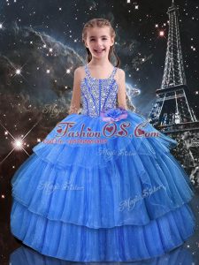 Chic Light Blue Sleeveless Beading and Ruffled Layers Floor Length Kids Pageant Dress