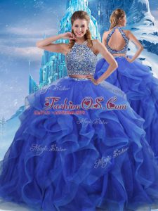 Pretty Royal Blue Sleeveless Beading and Ruffles Floor Length Quinceanera Dress