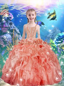Watermelon Red Sleeveless Beading and Ruffles Floor Length Pageant Dress for Girls