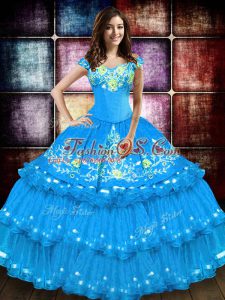 Floor Length Baby Blue Ball Gown Prom Dress Off The Shoulder Sleeveless Lace Up