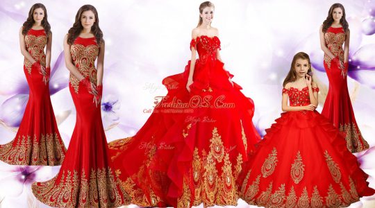 Custom Fit Red Sleeveless Tulle Brush Train Lace Up Quinceanera Dress for Military Ball and Sweet 16 and Quinceanera