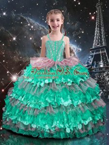 Straps Sleeveless Lace Up Pageant Gowns For Girls Turquoise Organza
