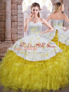 Yellow And White Sweetheart Lace Up Beading and Appliques and Ruffles Quinceanera Gown Sleeveless