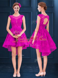 Fuchsia A-line Lace and Belt Bridesmaids Dress Lace Up Satin and Tulle Sleeveless High Low