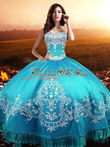 Cute Sleeveless Floor Length Beading and Appliques Lace Up Quinceanera Gown with Aqua Blue