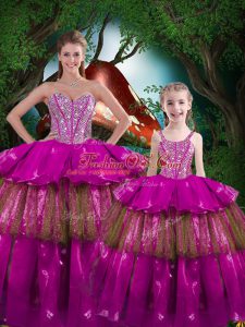 Fuchsia Sleeveless Floor Length Beading and Ruffled Layers Lace Up 15th Birthday Dress
