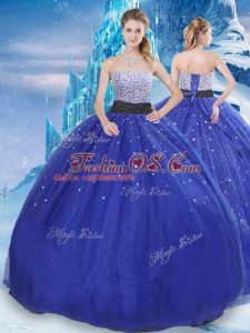 Pretty Strapless Sleeveless Quinceanera Dresses Floor Length Beading and Sequins Royal Blue Tulle