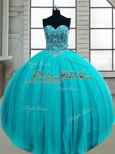 Beading Quince Ball Gowns Aqua Blue Lace Up Sleeveless Floor Length