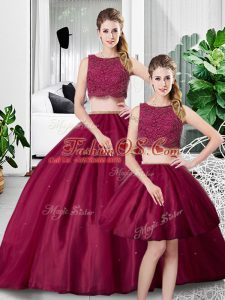 Fuchsia Two Pieces Lace and Ruching Vestidos de Quinceanera Zipper Tulle Sleeveless Floor Length