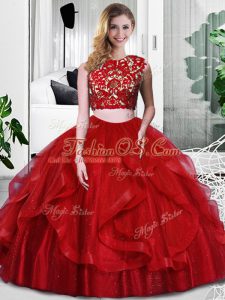Inexpensive Wine Red Sleeveless Lace and Ruffles Floor Length Sweet 16 Dresses