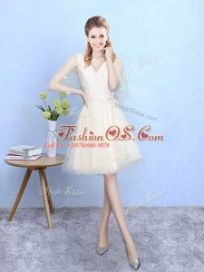 Flirting Champagne Lace Up Quinceanera Court Dresses Lace Half Sleeves Knee Length