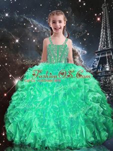 Organza Sleeveless Floor Length Kids Pageant Dress and Beading and Ruffles