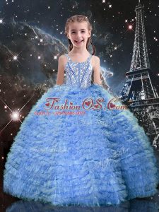Smart Baby Blue Lace Up Straps Beading and Ruffled Layers Glitz Pageant Dress Tulle Sleeveless