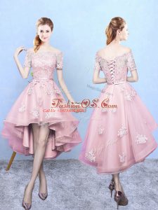 Classical Off The Shoulder Short Sleeves Tulle Bridesmaid Dresses Lace Lace Up