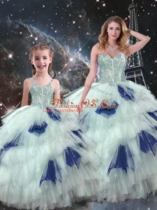 Elegant Organza Sweetheart Sleeveless Lace Up Beading and Ruffled Layers Ball Gown Prom Dress in Blue And White