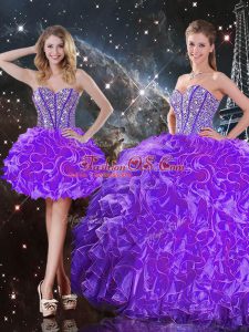 Dazzling Sweetheart Sleeveless Organza 15th Birthday Dress Beading and Ruffles Lace Up